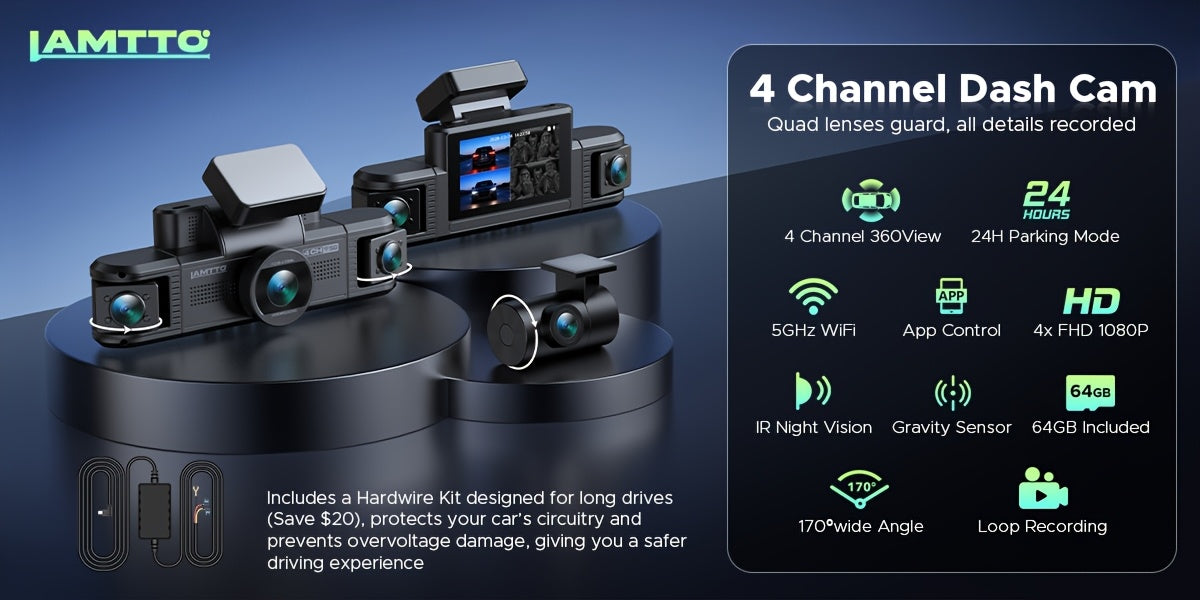 Lamtto 4 Channel Dashcam 360° View Dash Cam Front and Rear Inside 2K+1080P+1080P,+1080P, Dash Camera for Cars, 8 IR Lamps Night Vision, 5G WiFi & APP Control, G-Sensor, Parking Mode, with a Hardwire Kit