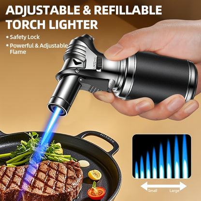 Big Tank Kitchen Butane Torch Lighter Adjustable Flame & Safety Lock - Refillable Blow Torch with Refill Adapters for Creme Brulee, BBQ, Desserts & Baking | Butane Not Included