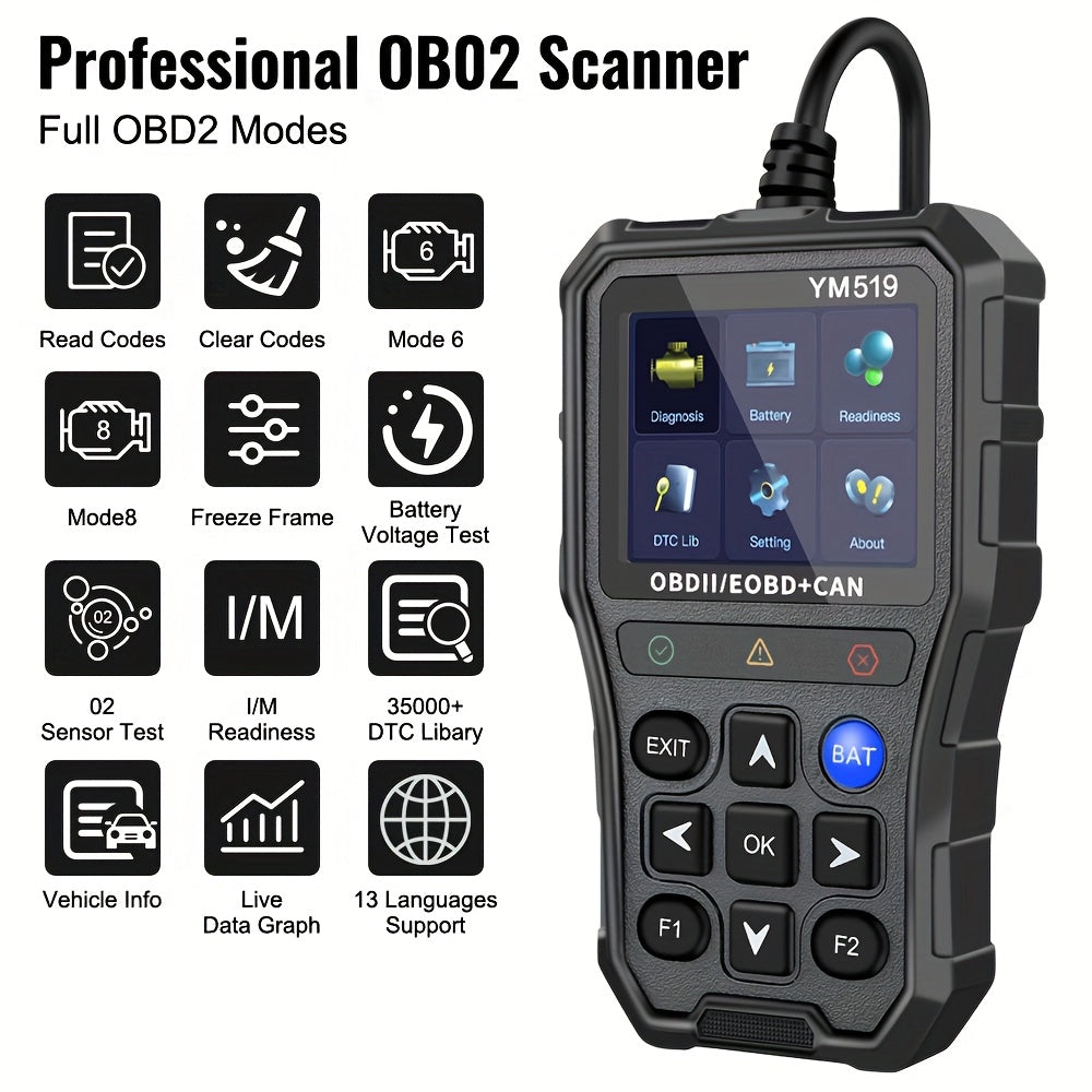 1 Unit YM519 Error Code Scanner OBD2 Code Reader Vehicle Diagnostic Tool Multi-Language Code Reader Engine System Check Battery Tester, Without Battery