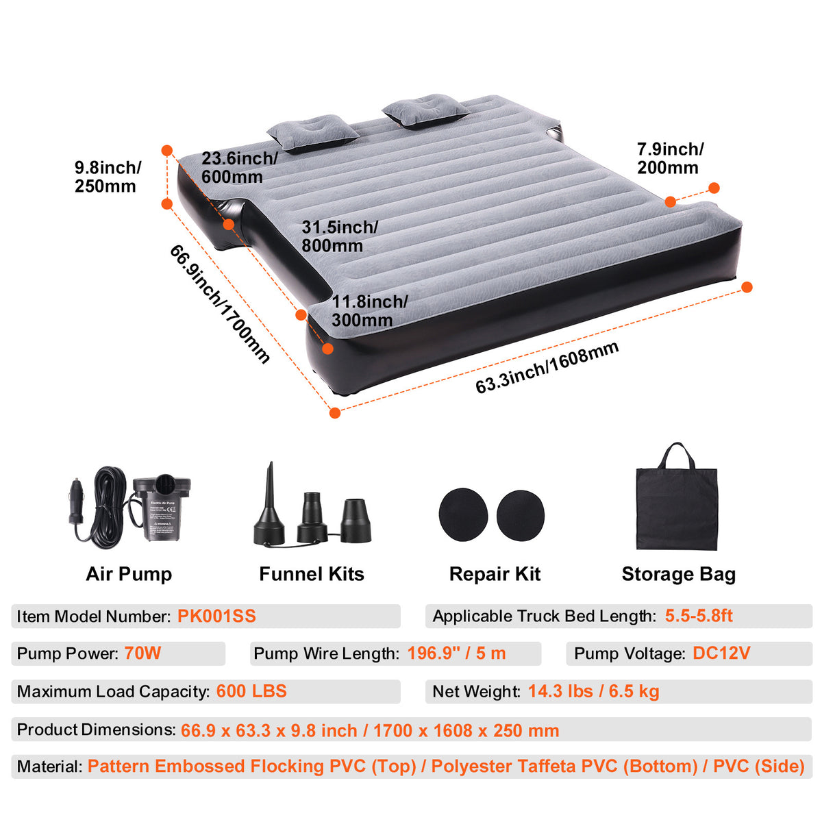 VEVOR Truck Bed Air Mattress 5.5-5.8 ft Full-Size Short Bed Inflatable with Pump