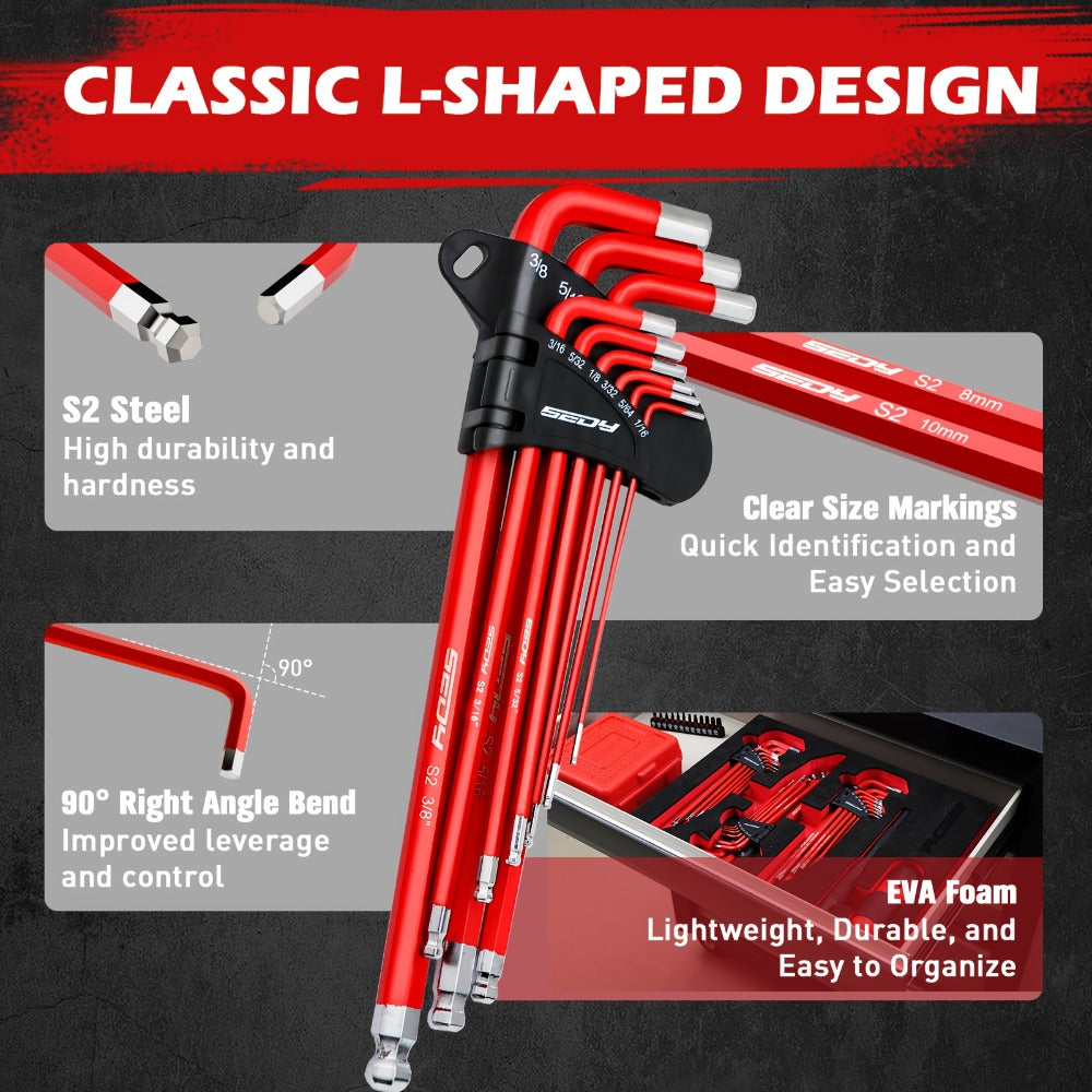 Hex Key & Torx Wrench Set 30-Piece – Long Arm Ball End Allen Wrenches with T-Handle & Extension Bar | SAE, Metric & Torx T10–T50 | Chrome Vanadium Steel