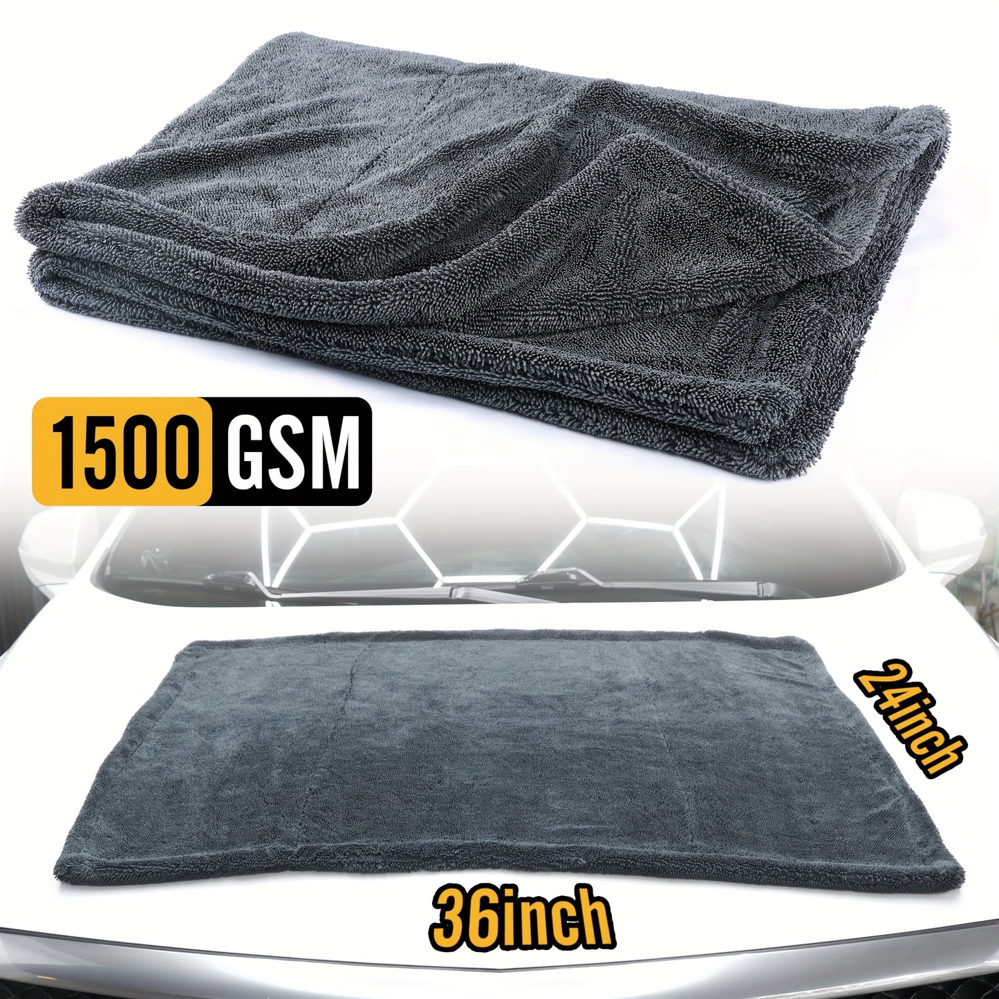 Extra Large Double Sided Car Drying Towel - 1500 GSM Edgeless Twisted Loop Design - 70/30 Blend Microfiber Drying Towel For Cars, Trucks, SUVs - Superior Absorption, Streak-Free - 24" X 36", Grey