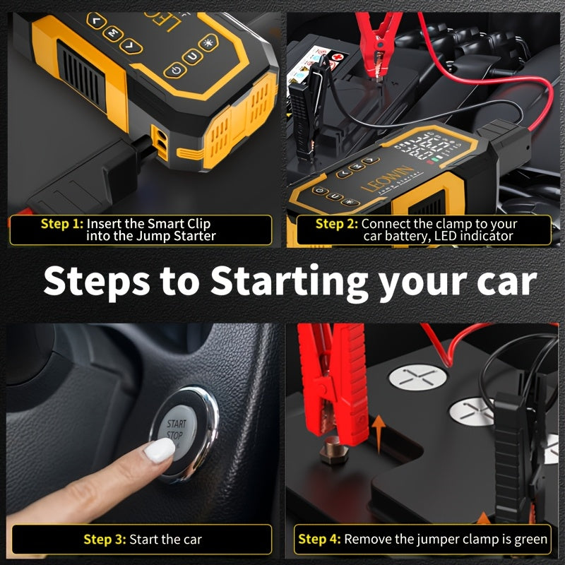 Portable Car Battery Jump Starter with Air Compressor, 12V Battery Booster Pack (9.0 Gas/1.72gal Diesel) with 150PSI Auto-Shutoff Tire Inflator, Jump Box with Smart Clamps, Jumper Cables, USB Input/output, LED Emergency, Car Accessories Tools