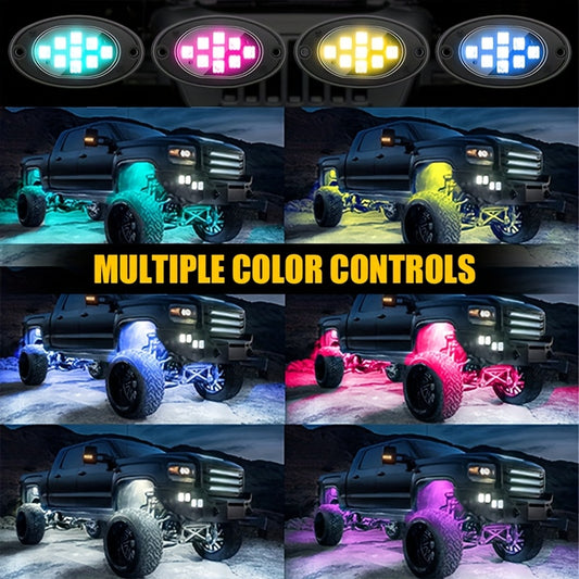 Truck Rock Lights RGB LED Rock Light Kit, Dreamy RGB Multicolor Sound-Activated Wireless Remote/APP Dual-Control Car Chassis Decoration Lights, Multi-Color Car Underbody Lights, 9 Large Light Beads, Footwell Neon Light Kit, Suitable for Pickup