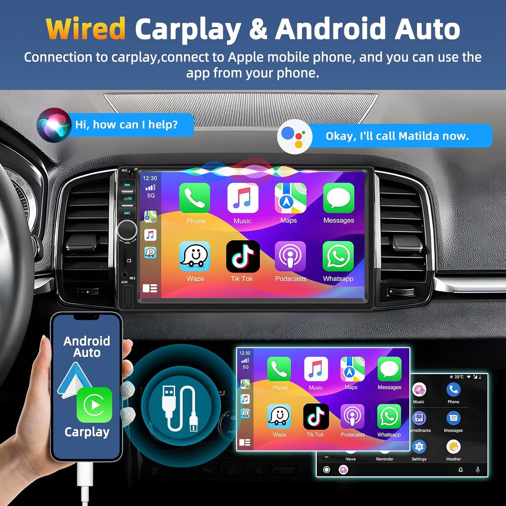 7" Double Din Car Stereo with Bluetooth 5.0, Touchscreen Universal Car Multimedia Player with Wired CarPlay & Android Auto, FM Radio, Rear View Camera Mic Support TF/USB