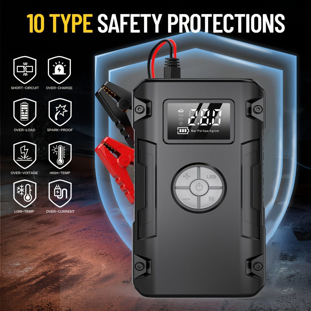 Jump Starter 10000A 7-in-1 with Air Pump – 150PSI Tire Inflator, Portable Battery Booster for Gas & Diesel, USB & USB-C Power Bank, LED Emergency Light