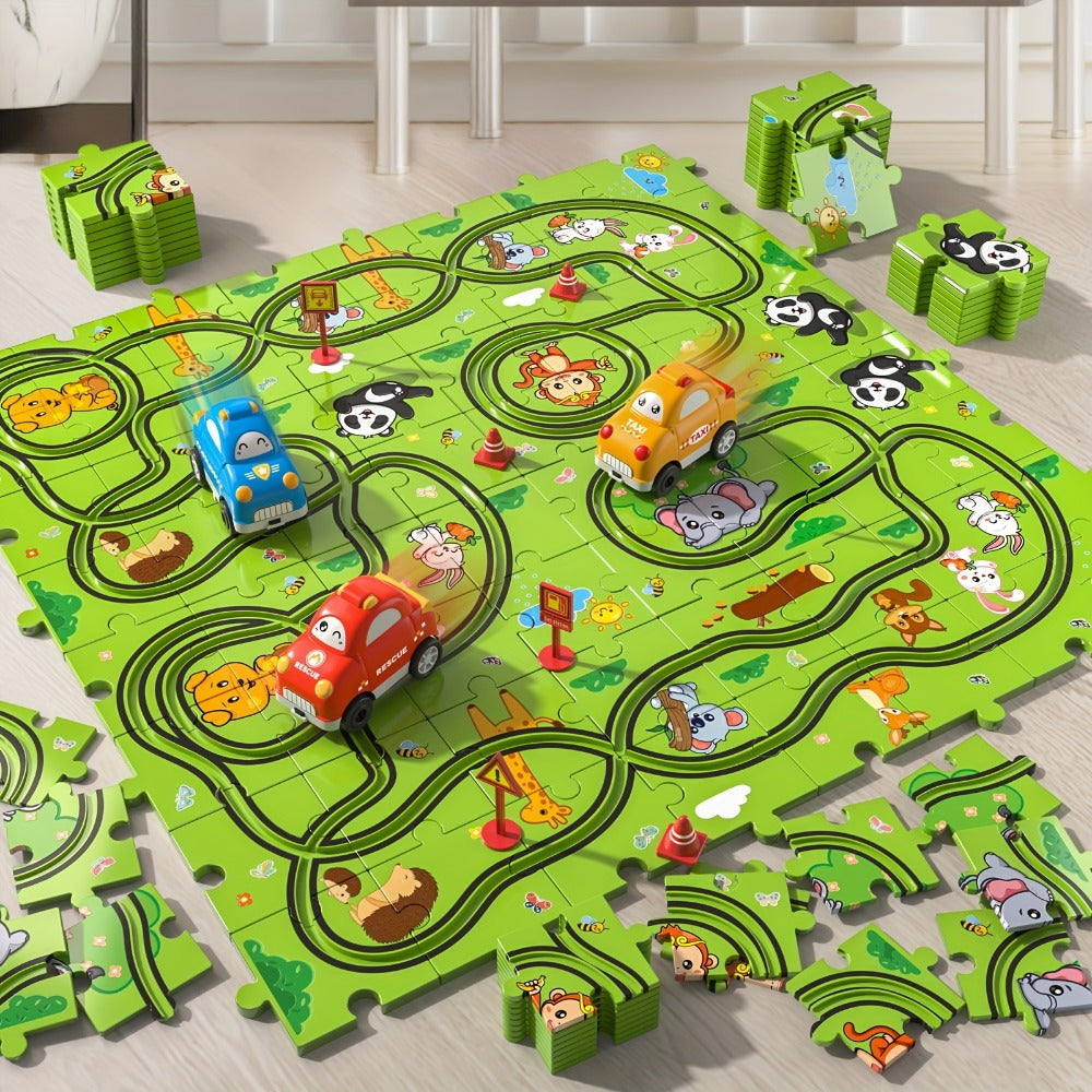 Jigsaw Puzzle Race Track Car Set Toy for Boys Kids – 39 56 73 PCS Flexible Building Track with Toy Cars | STEM Educational Play | Best Birthday Christmas Gift Ages 3 4 5 6 7