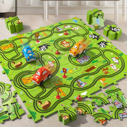 Jigsaw Puzzle Race Track Car Set Toy for Boys Kids – 39 56 73 PCS Flexible Building Track with Toy Cars | STEM Educational Play | Best Birthday Christmas Gift Ages 3 4 5 6 7