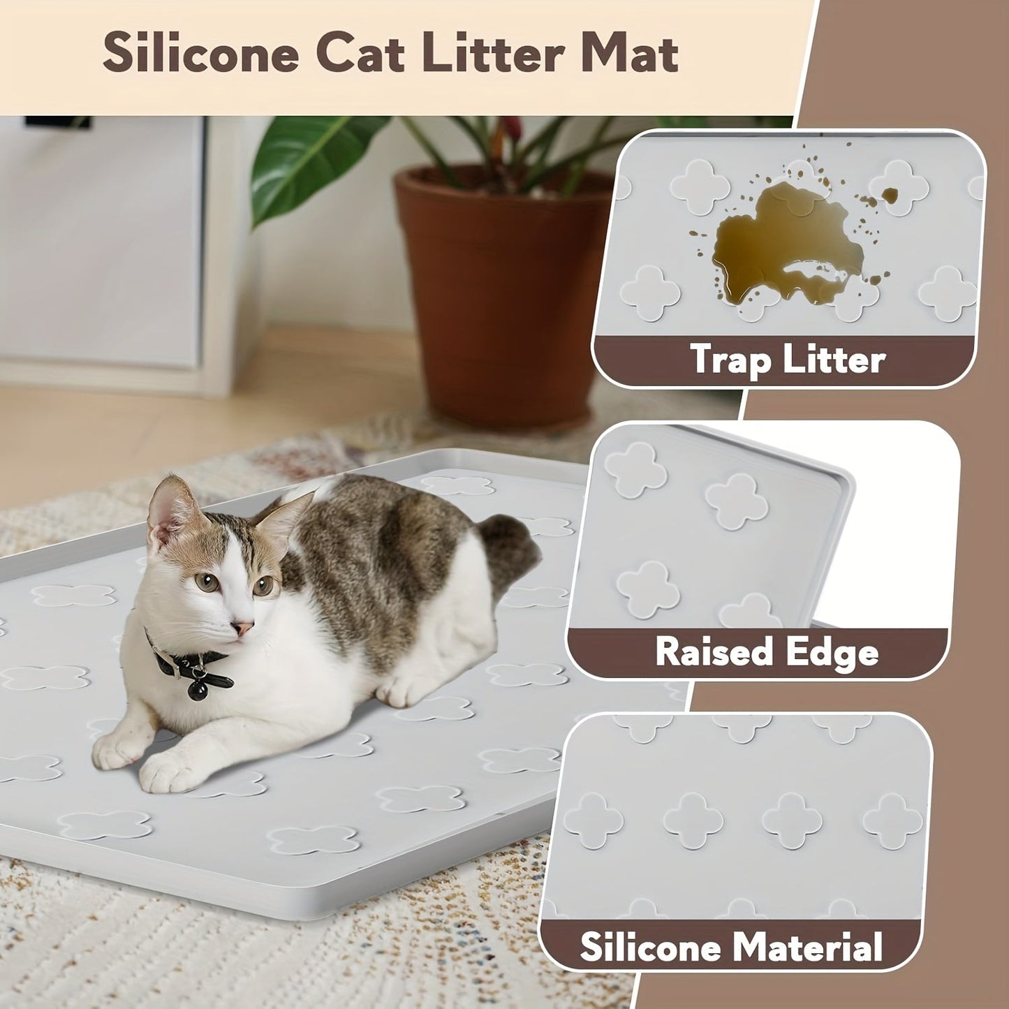 Cat Litter Mat XXL Silicone 34x22 Inch - 3-in-1 Waterproof Non-Slip Litter Trapping Mat with Raised Edges Easy Clean Foldable Pet Feeding Floor Protector