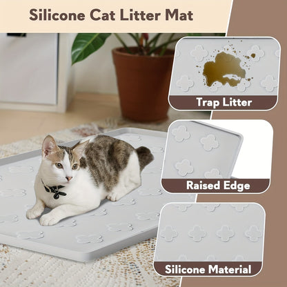 Cat Litter Mat XXL Silicone 34x22 Inch - 3-in-1 Waterproof Non-Slip Litter Trapping Mat with Raised Edges Easy Clean Foldable Pet Feeding Floor Protector