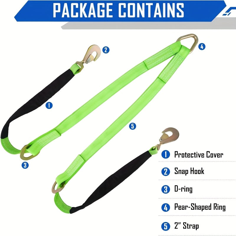 V-Bridle Strap 2" X 6' W/Snap Hooks/Cordura Sleeve And Axle Strap, D Ring Middle, Capacity Heavy-Duty Tow Straps for UTV ATV Truck Car Tractor SUV