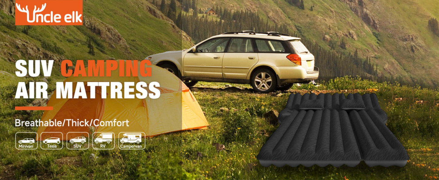 SUV Air Mattress for Camping Inflatable Car Bed with Air Pump 2 Pillows Flocking Surface Portable Sleeping Pad for SUV Backseat Road Trip Family Travel, Black