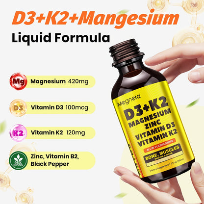 Vitamin D3 Liquid Drops 10000 IU with K2 MK-7 120mcg Magnesium Zinc Vitamin B2 — Sugar-Free High Potency D3 K2 Formula for Calcium Absorption Bone Immune Mood Health 2 fl oz