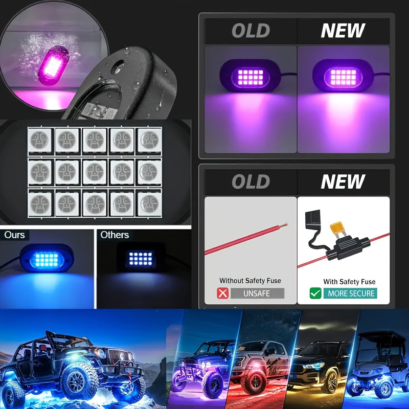 8pcs And 4pcs - 15 LED/8 Pods Metal Alloy Upgraded LED Rock Lights, Suitable for Trucks, RGB LED Rock Lights with APP/music Mode, Suitable for Jeeps, Trucks, UTVs, SUVs And Golf Carts, Neon Light Chassis Kits for Backlights, Car Accessories