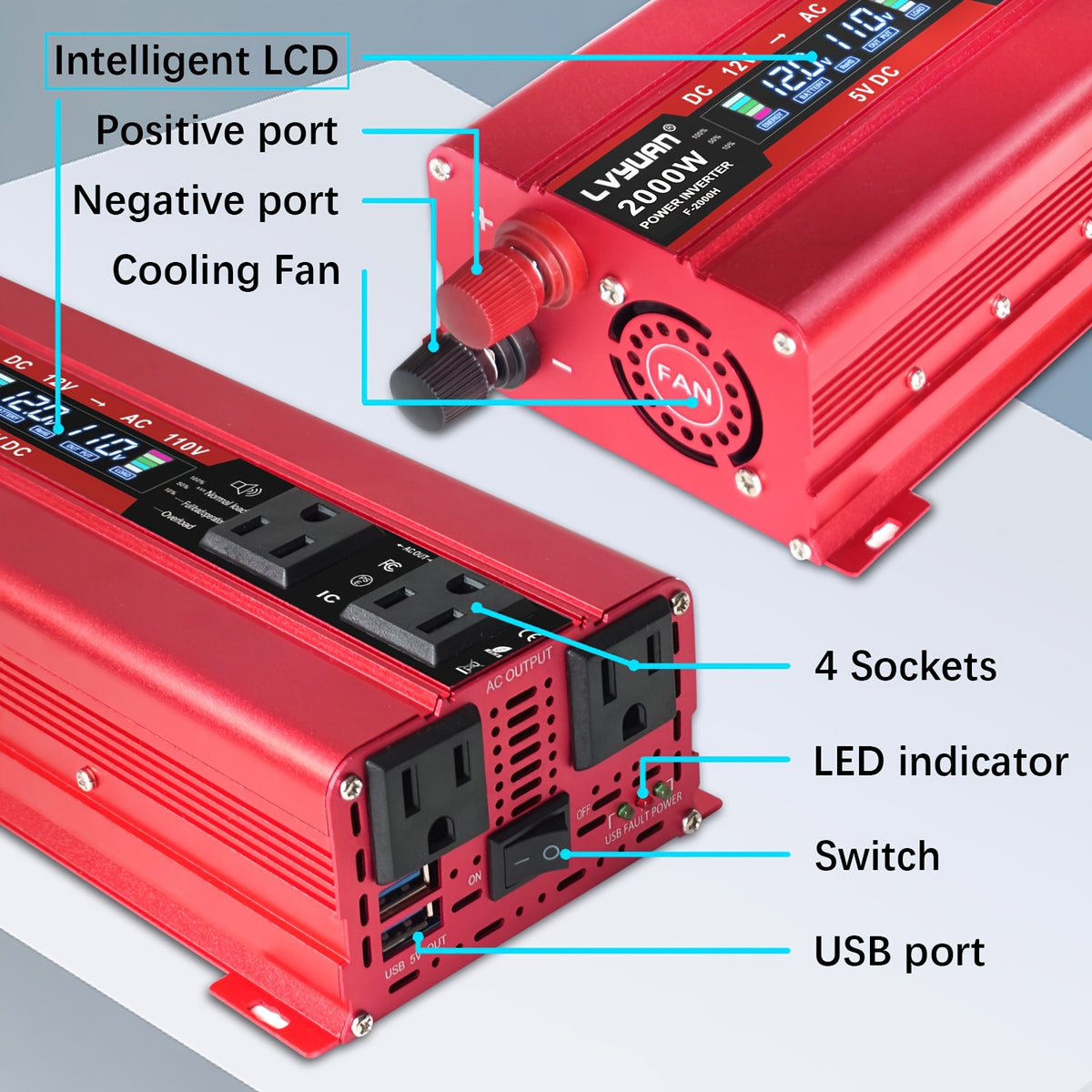 LVYUAN Car Power Inverter 2000W(Peak)1000W 12V to 110V DC to AC with 4 US Sockets, LCD Display, USB Ports for Car, Home, Outdoor, Camping Red