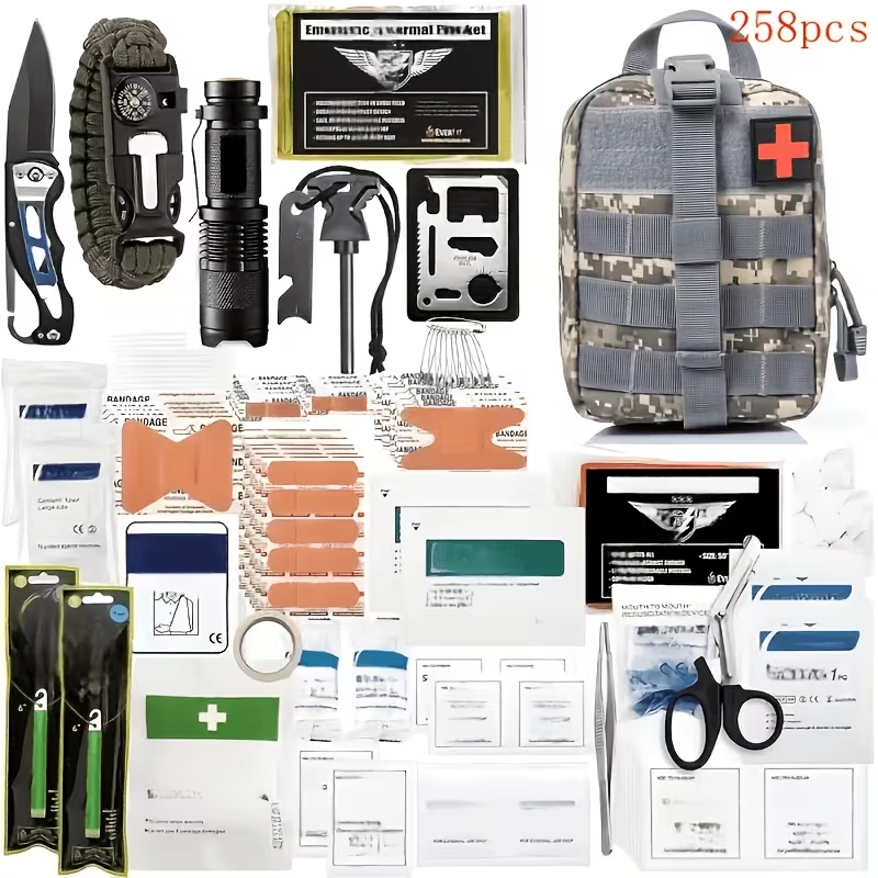 Outdoor Survival Gear Set 11/13/258-Piece – Professional Emergency Kit with Fire Starter & Compass | Multi-Tool Outdoor Equipment for Camping, Hiking & Adventure