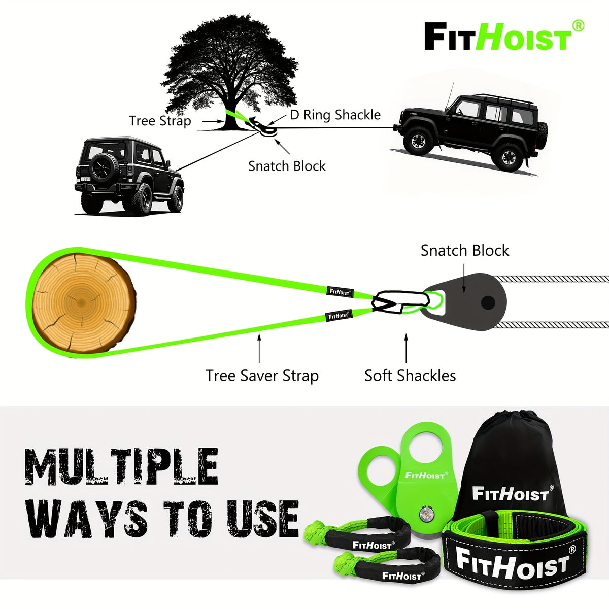 Off-Road Recovery Equipment, Including a Snatch Block Pulley, a 3" X 8' Tree Saver Strap, And Two Soft Shackles Measuring 1/2" X 22", Designed for Winching Vehicles Like Cars, Trucks, Suvs, And Atvs