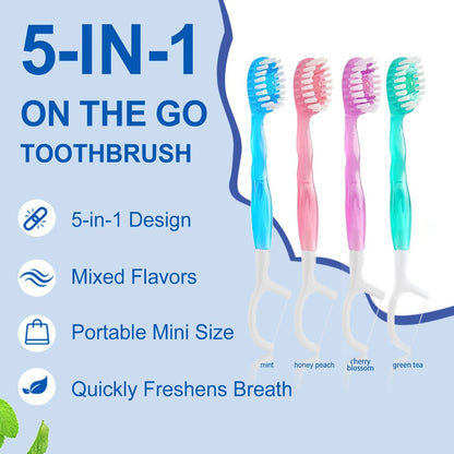 Travel Disposable Toothbrush 5-in-1 — Pre-Applied Mint Toothpaste, Floss, Pick & Tongue Scraper, Soft Nylon Bristles, No Water Needed, Portable Oral Care Kit, 24 or 40 Pack