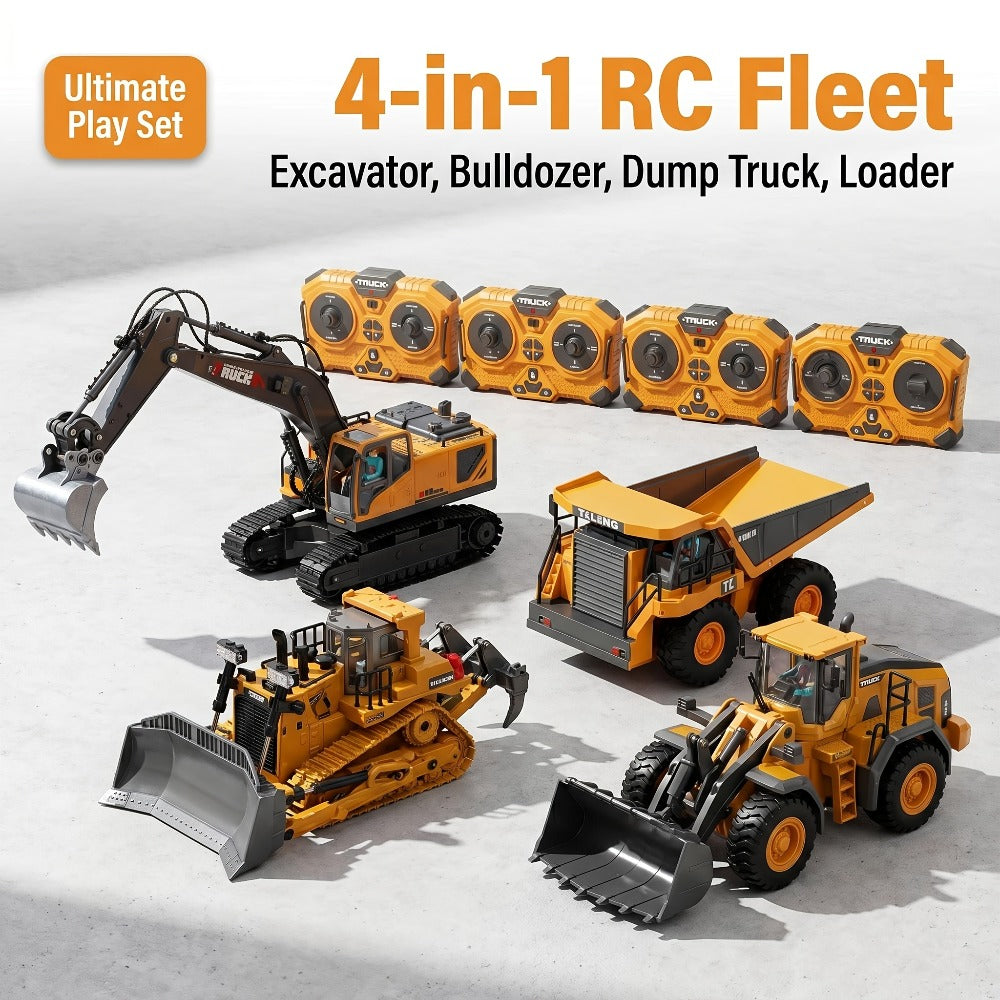 RC Engineering Vehicle Set 11-Channel 2.4GHz – 2-in-1 & 4-in-1 Remote Control Excavator Dump Truck Bulldozer, Alloy Construction Toy Fleet for Kids Boys, Best Birthday Christmas Gift Ages 6+