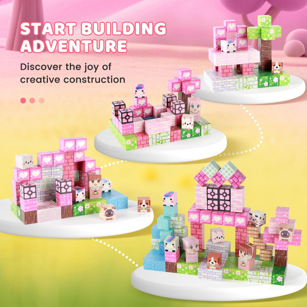 Pink Forest Park Magnetic Building Blocks 100 Piece STEM Set – 3D House Trees & Character Cubes Creative Construction Toy for Imaginative Play Birthday Christmas Gift for Girls Kids Ages 3+