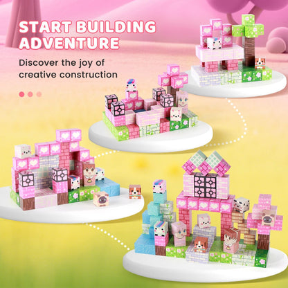 Pink Forest Park Magnetic Building Blocks 100 Piece STEM Set – 3D House Trees & Character Cubes Creative Construction Toy for Imaginative Play Birthday Christmas Gift for Girls Kids Ages 3+