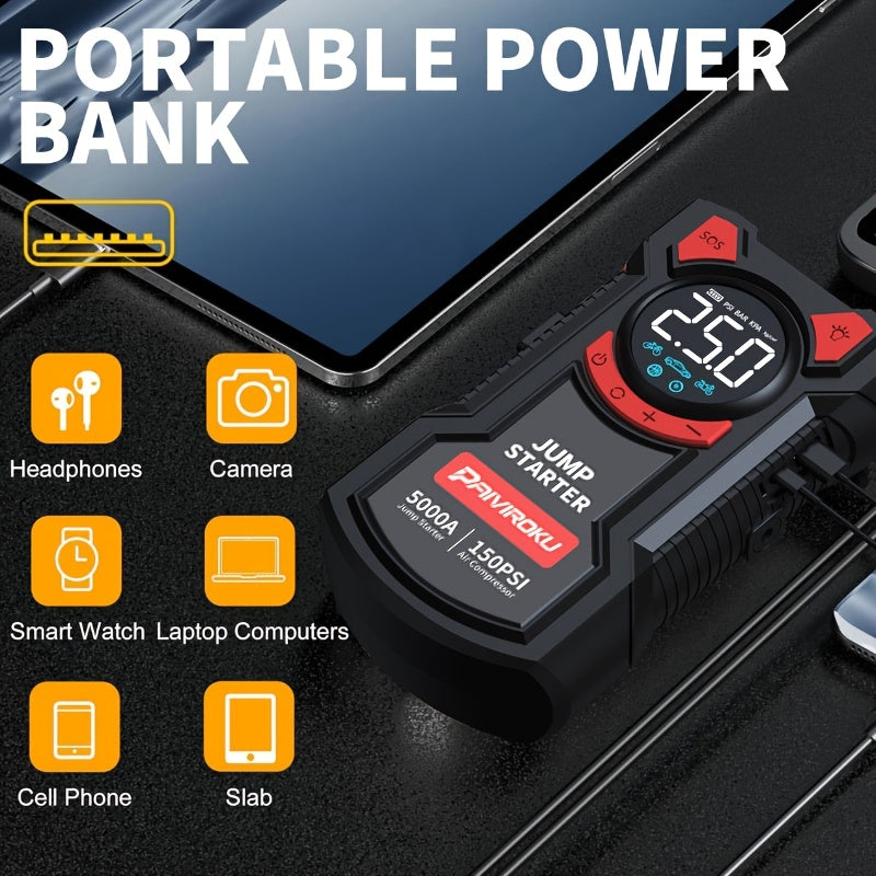 Jump Starter with Air Compressor, 150 PSI Car Air Compressor & 5000A Peak Car Jump Starter (2.64 Gallons Of Gasoline, 2.38 Gallons Of Diesel) with LED Light, Power Bank Function.