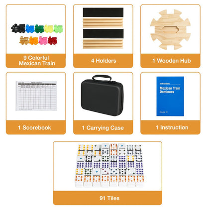 Mexican Train Dominoes Double 12 Set – 91 Colorful Tiles, 9 Metal Trains & 4 Wooden Racks, Complete Strategy Board Game with EVA Travel Case for Family Game Night, Adults & Kids, Classic Christmas & Holiday Gift