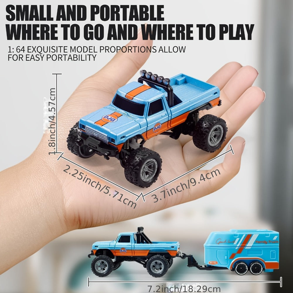Mini RC Off-Road Truck with Trailer 1:64 Scale Die-Cast Remote Control Car – 2.4GHz Climbing Vehicle with Lights Rechargeable Adjustable Speed | Pocket-Sized RC Toy for Boys | Best Birthday Christmas Gift
