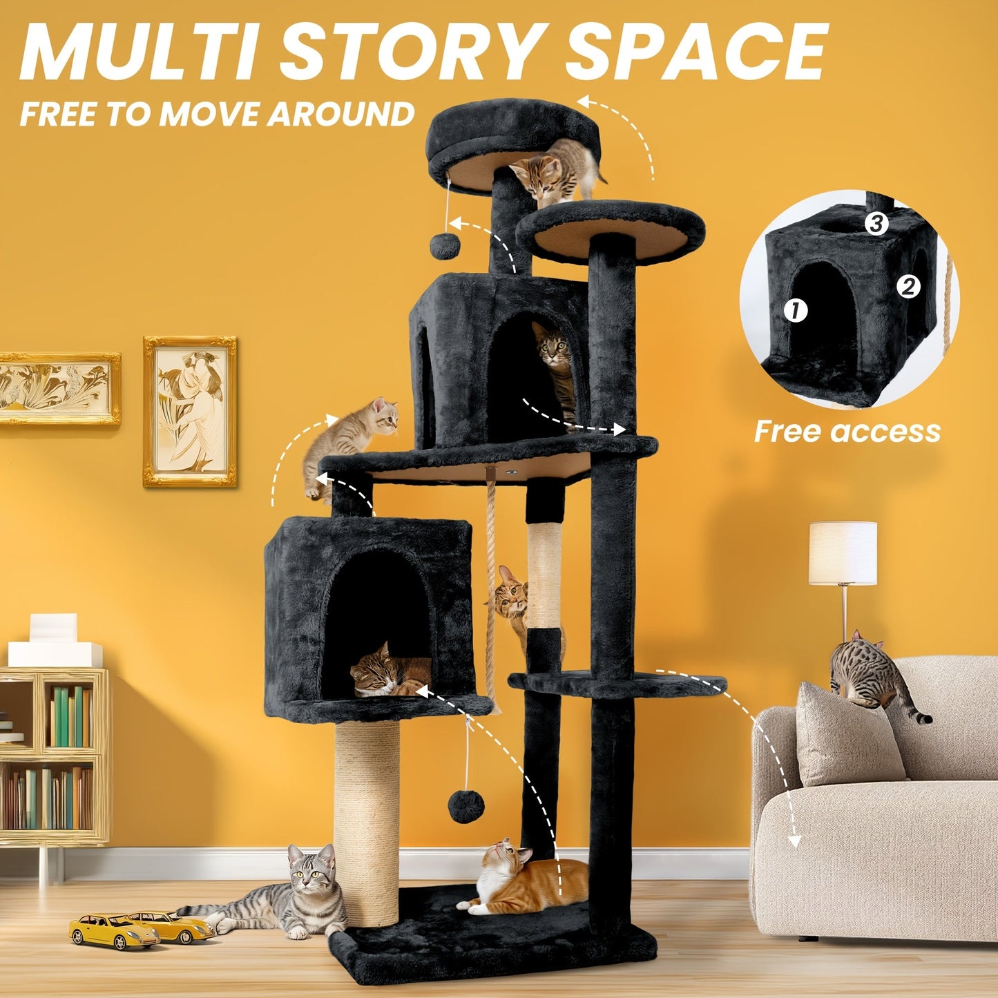 Cat Tree Tower 59 Inch Large Multi-Level Cat Tower for Indoor Cats with Plush Resting Area, Sisal Scratching Post & Hanging Ball Toy – Tall Cat Furniture for Bedroom Living Room, Multiple Colors