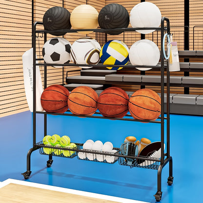 Sports Equipment Storage Rack with Wheels – 4-Tier Ball Rack for Basketball Soccer Volleyball with Hooks & Rolling Casters for Gym Garage