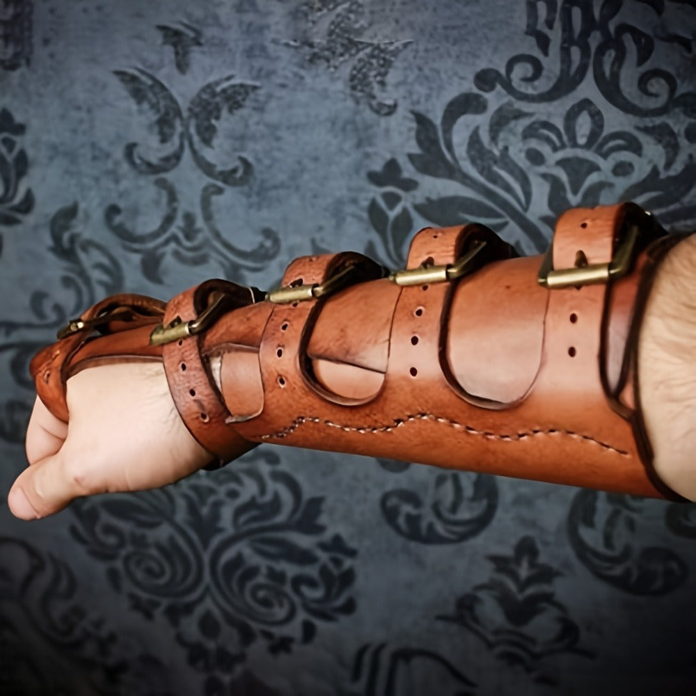LARP Arm Guards Medieval Embossed Faux Leather Elf Bracers – Fantasy Knight Archer Gauntlets for Cosplay Renaissance Faire Halloween Costume Adjustable Brown