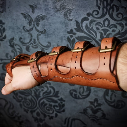 LARP Arm Guards Medieval Embossed Faux Leather Elf Bracers – Fantasy Knight Archer Gauntlets for Cosplay Renaissance Faire Halloween Costume Adjustable Brown