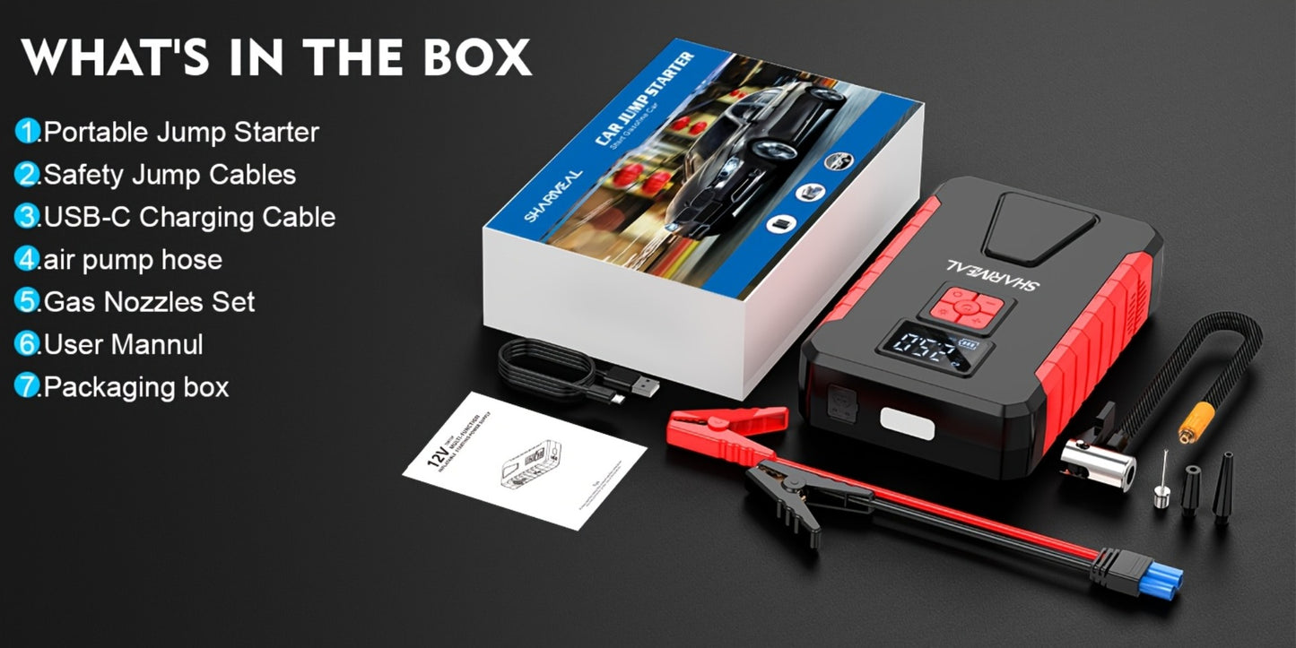 Portable Jump Starter with Air Compressor – 15000A-19000A Peak 350PSI 12V 17-in-1 Car Battery Jump Starter, Digital Display, LED Light & Smart Clamp for Cars Trucks SUVs