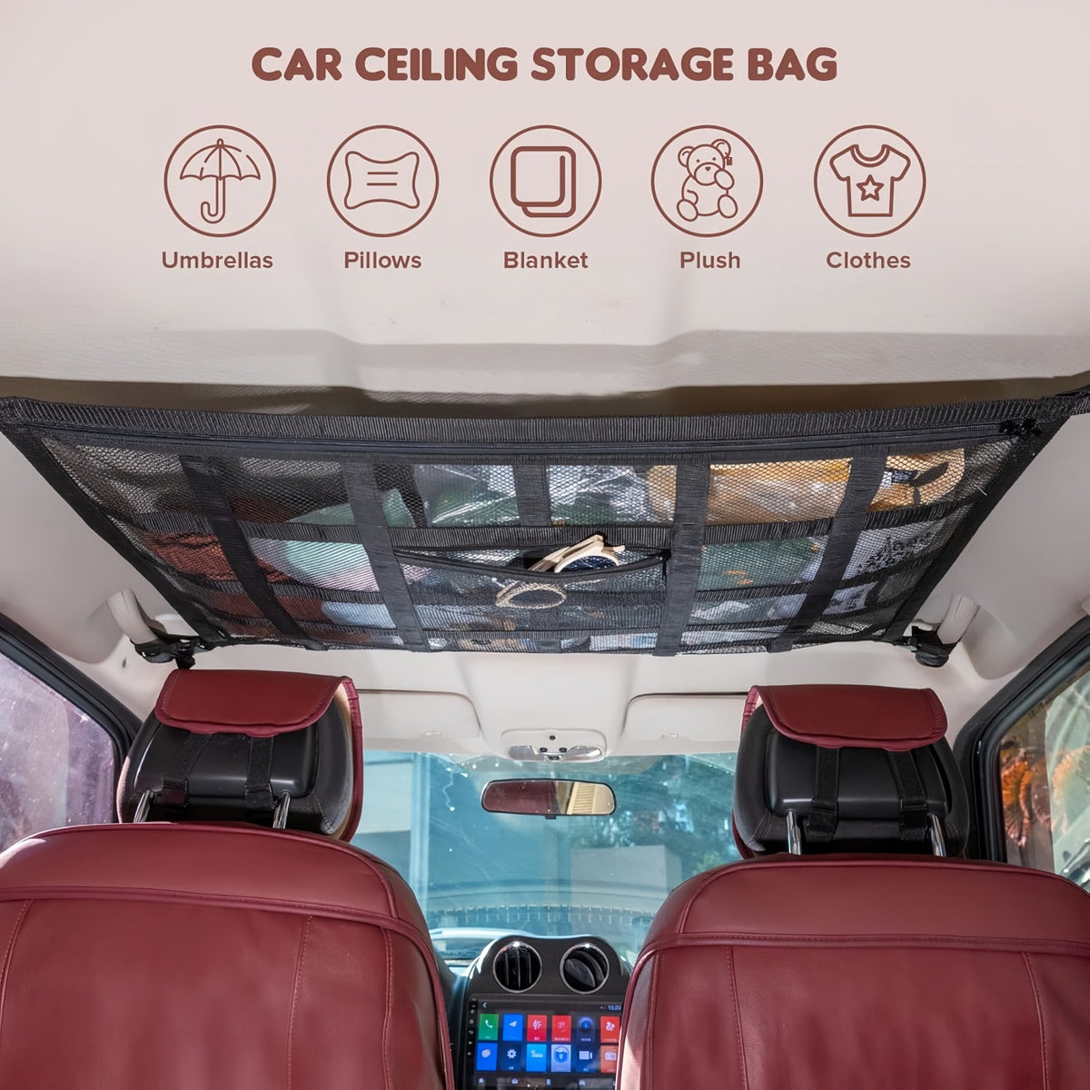 Upgrade Car Ceiling Cargo Net Pocket, 31.5"x21.6" Strengthen Load-Bearing and Droop Less Double-Layer Mesh Car Roof Storage Organizer,Truck SUV Travel Long Road Trip Camping Interior Accessories