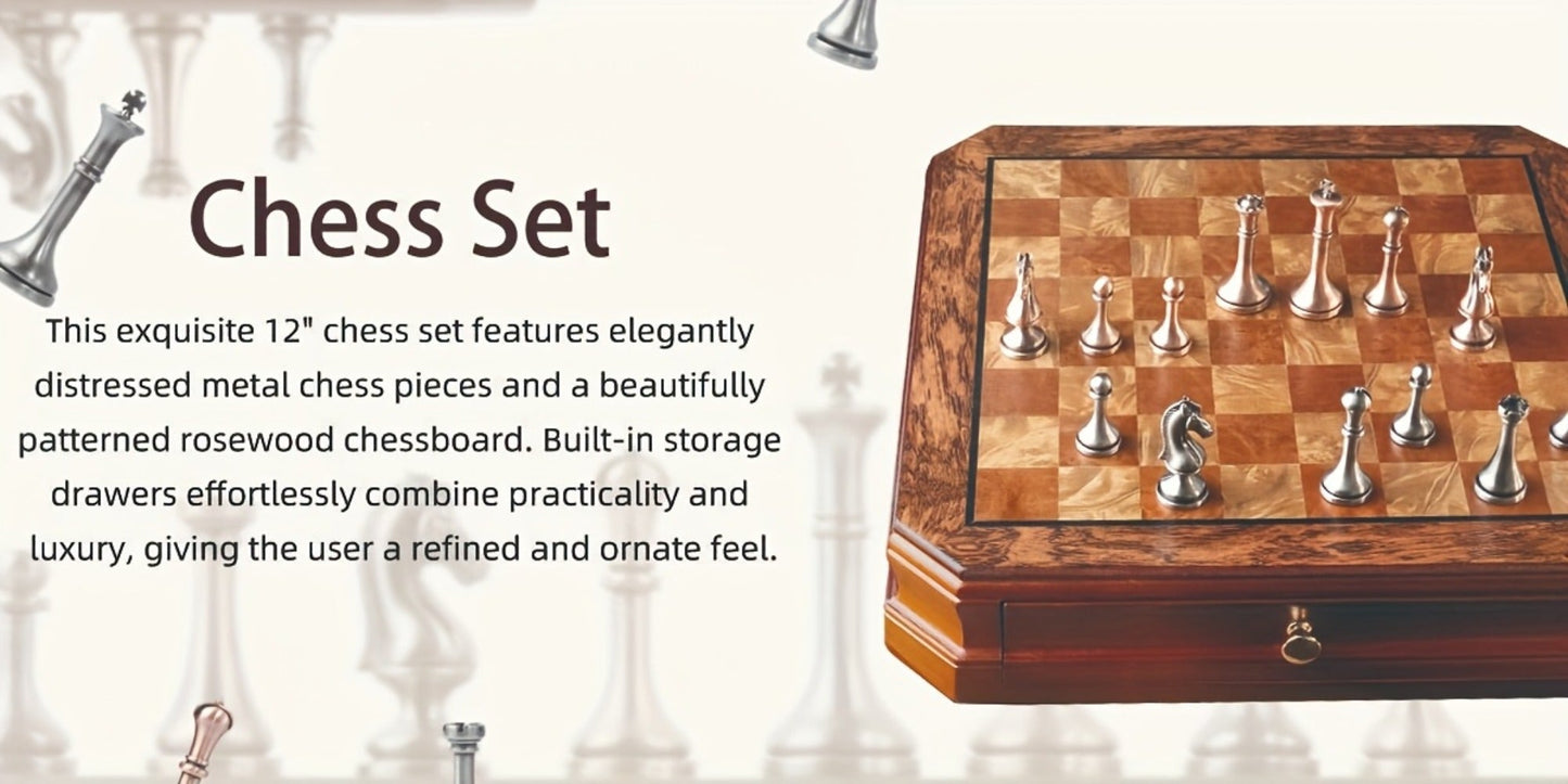 Wooden Chess Set with Metal Pieces & Storage Drawers 12 Inch – 2.5" Kings 2 Extra Queens Vintage Mahogany Board for Adults Beginners, Premium Strategy Game Gift