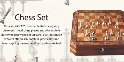 Wooden Chess Set with Metal Pieces & Storage Drawers 12 Inch – 2.5" Kings 2 Extra Queens Vintage Mahogany Board for Adults Beginners, Premium Strategy Game Gift