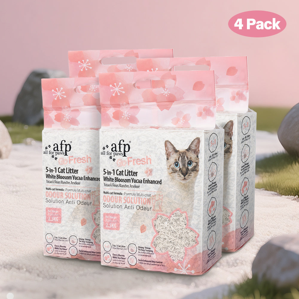 Tofu Cat Litter 5-in-1 Flushable Clumping - All For Paws White Blossom Yucca Enhanced Formula, Low Dust Rapid Clumping Odor Control, Natural Plant-Based Cat Litter, 2/4/6 Pack