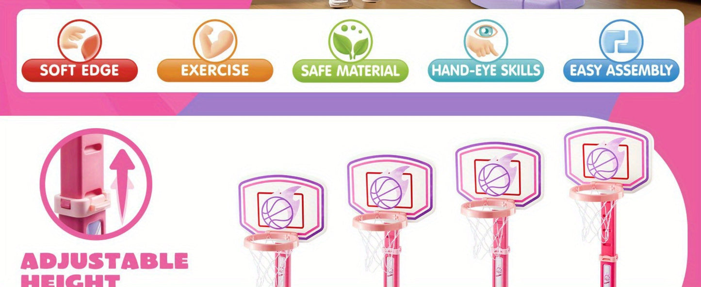 Toddler Basketball Hoop Adjustable Height 2.5-3.5ft Kids Basketball Goal with 4 Balls Air Pump Indoor Outdoor Sports Toy for Boys Girls Ages 1-6 Birthday Christmas Easter Gift Pink Purple