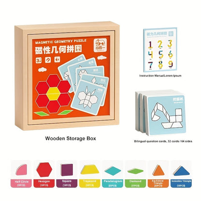 Magnetic Wooden Puzzle Board for Kids – 128/180/220/280 PCS Geometric Shape Recognition & Logical Thinking Toy, STEM Montessori Educational Gift for Boys & Girls Ages 3 4 5 6 7 8