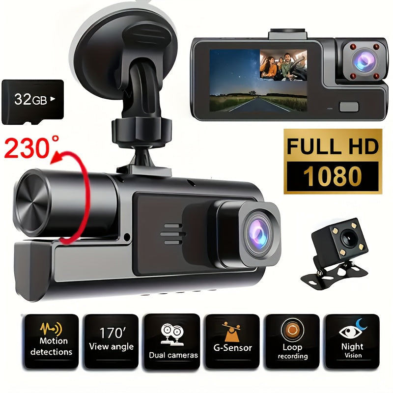Two/Triple Camera Dash Cam - Infrared Night Vision, 1080P Front And 720P Rear,170° Wide Angle & Built-In Audio - Optional 32GB Card, Loop Recording, G-Sensor - Perfect Vehicle Safety Camera 24 Hours Parking Mode for New Cars Or Holiday Gifts