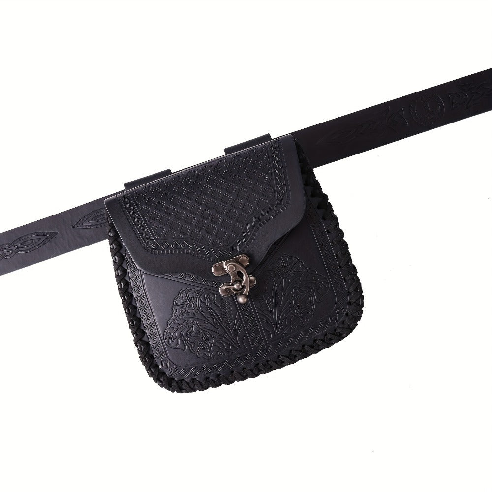 Dragon Embossed Faux Leather Waist Bag – Medieval Viking Norse Style Belt Pouch, Coin Purse Hip Bag for Renaissance Faire, Cosplay, LARP, Outdoor & Daily Use, Gift for Men Women, Black & Brown