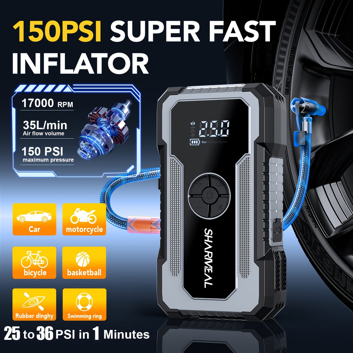 SHARMEAL12000/18000A 12-IN-1 Jump Starter with Air Compressor, Portable Car Battery Booster(8.0 Gas/2.38gal Diesel) with 150PSI Tire Inflator, 12V Supersafe Lithium Jump Box Car Battery Jumper Starte Car Owners, Truck Drivers