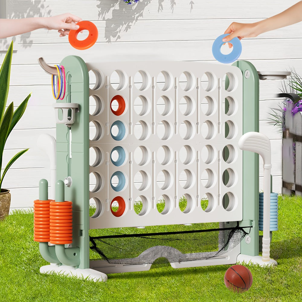 4-in-1 Giant Connect Four Game Set for Kids & Adults – Adjustable Height with Basketball Hoop, Golf Putting, Ring Toss & Jumbo 4-to-Score, Indoor Outdoor Family Party Game