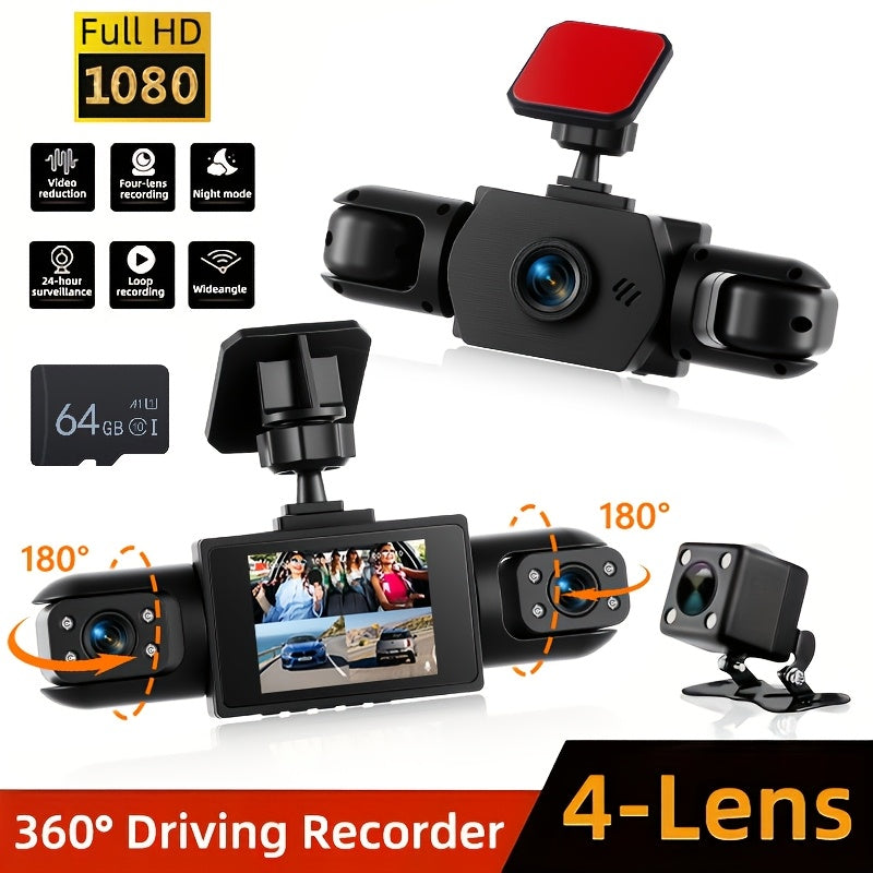 4-Channel Front/Rear/Left/Right, 2-inch IPS Screen, Dual Lens Camera Dash Cam 1080P, Suitable for Cars, Night Vision, Loop Recording, 24-Hour Parking Monitoring with G-Sensor/Motion Detection, Optional 64GB Memory Card, Vehicle Security Camera