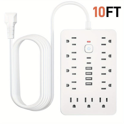 Surge Protector Power Strip 17-in-1 with 11 AC Outlets 4 USB-A 2 USB-C Ports Flat Plug Extension Cord Space-Saving Compact Design for Home Office Kitchen Desk Wall Charging Station