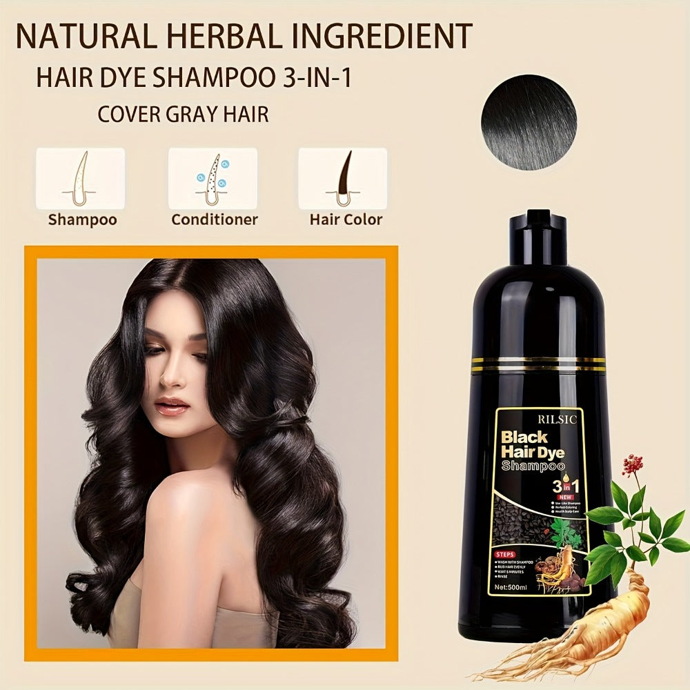 3-in-1 Hair Color & Gray Coverage Shampoo Ammonia-Free Natural Herbal Formula — Colors Covers & Cleanses in Minutes, 30-Day Lasting Color, 16.91oz / 500ml for Men & Women All Hair Types