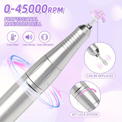 45000RPM Electric Nail Drill Machine Rechargeable Cordless with LCD Display Professional Nail File Drill for Acrylic Gel Nails Cuticle Removal Manicure Pedicure Polisher Home Salon Women Pink White