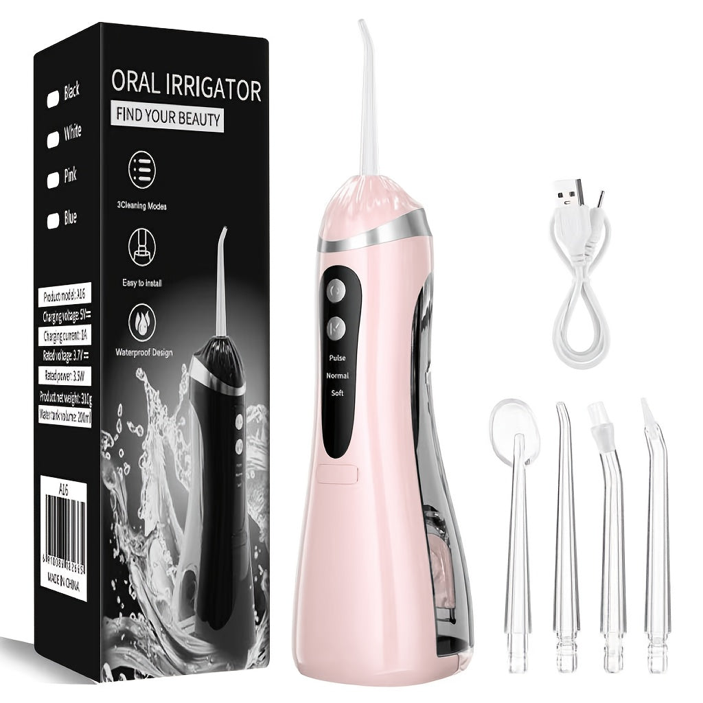 USB Rechargeable Water Flosser 3 Modes — Portable Oral Irrigator with Flosser Tips & Brush Head, Cordless Dental Water Pick for Travel, Home & Daily Gum Care, White Black Pink