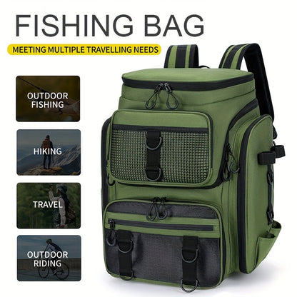Fishing Backpack with Rod Holder 45L – Large Capacity Outdoor Tackle Bag, Waterproof Travel Shoulder Pack for Fishing Camping Hiking, Multi-Pocket Lure Storage Rucksack with Zipper Closure