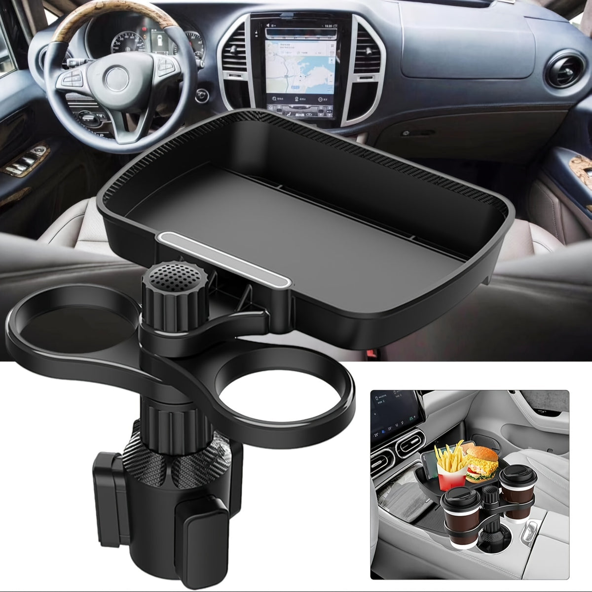 3-in-1 multifunctional  cup holder extender with detachable tray,  cup holder tray, and  dining table, used for eating and  cup holder rotating tray, with adjustable base for dual cup holders